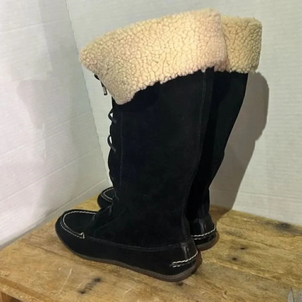 Sperry‎ topsider tall black moccasin boots Sherpa lace up booties